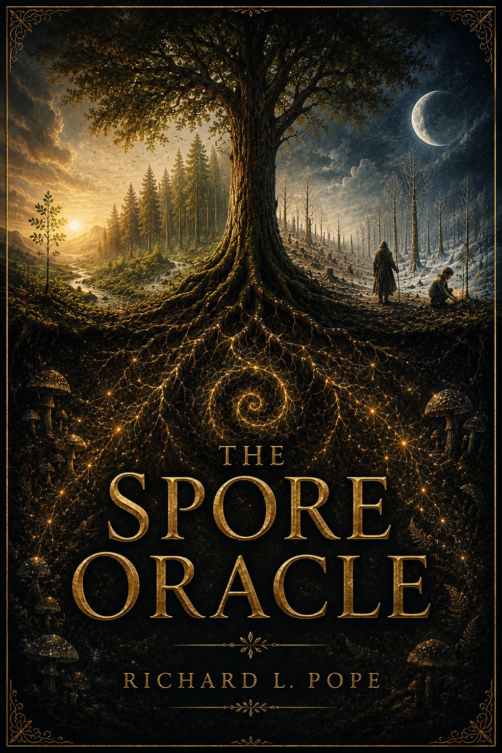 The Spore Oracle Guidebook cover — painted forest illustration with a central spiral seal