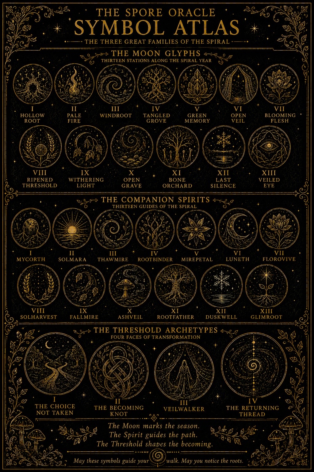 The Spore Oracle Symbol Atlas — 13 Moon Glyphs, 13 Companion Spirits, and 4 Threshold Archetypes rendered in gold on black