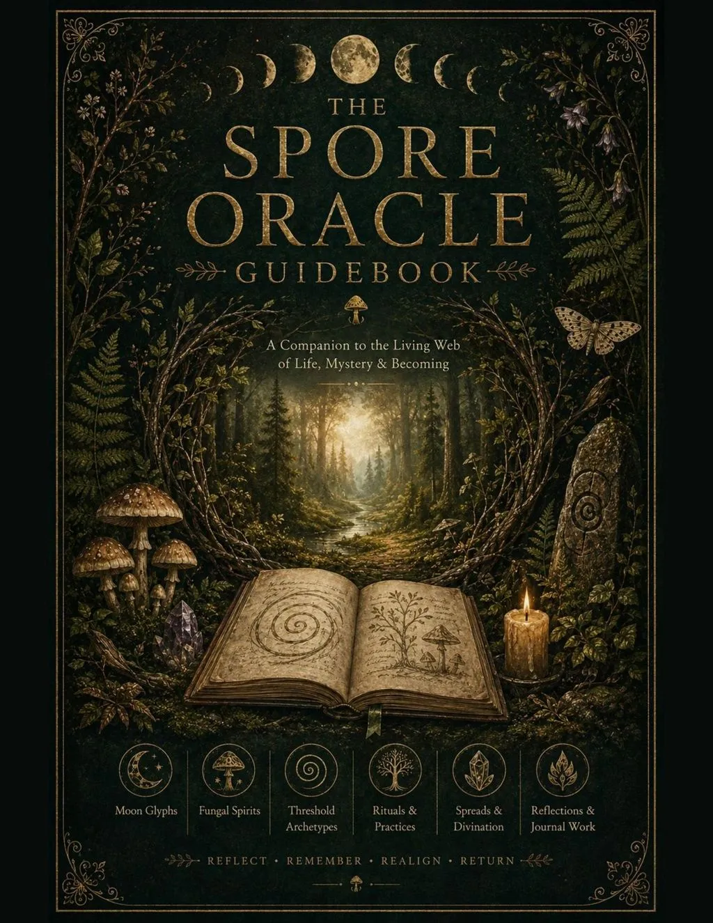 The Spore Oracle Guidebook cover — painted illustration with central spiral seal