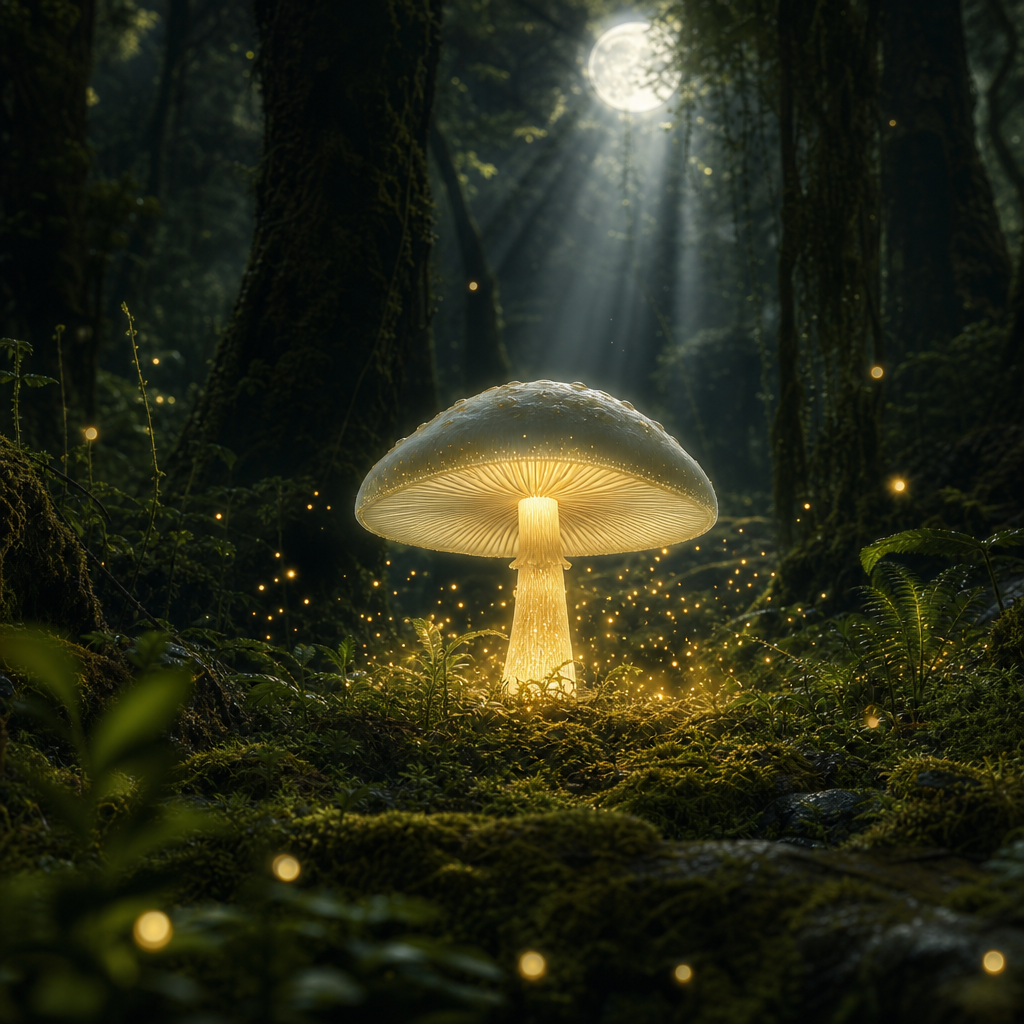 A luminous mushroom glowing beneath the moon in an ancient forest